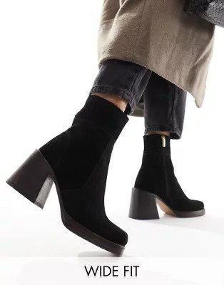 DESIGN Wide Fit Region suede mid-heel boots in black