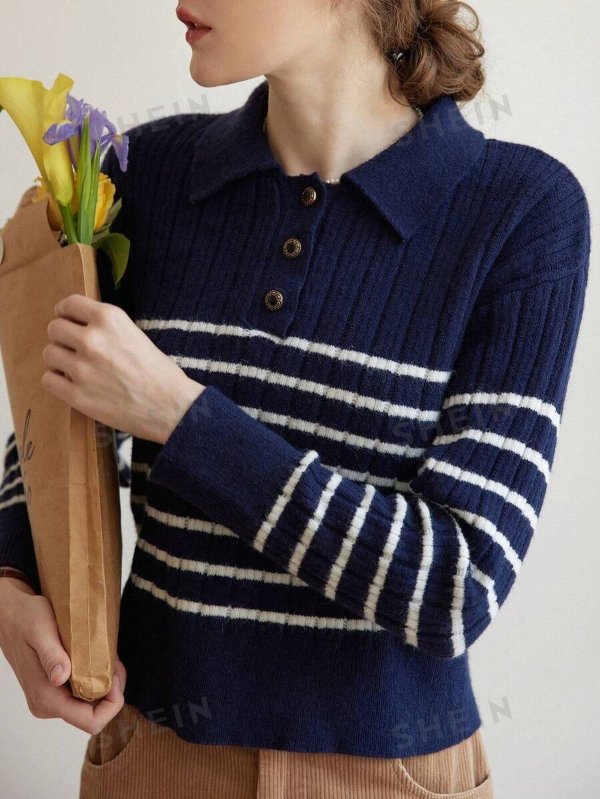Simple Retro Acrylic striped button lapel neck sweater