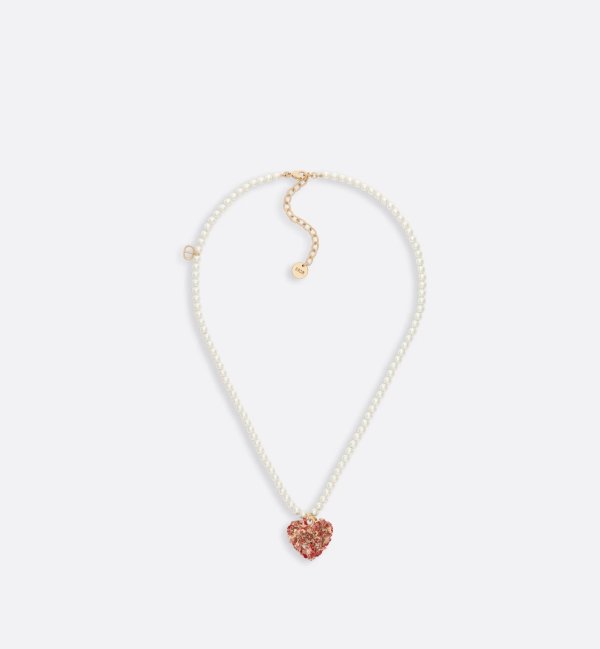Le Coeur des Papillons Necklace Gold-Finish Metal with White Resin Pearls and Red Lacquer