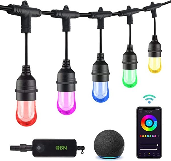 HBN Color Changing String Lights 36ft Smart LED String Lights Outdoor RGBW Patio String Lights Waterproof IP65, 2.4 GHz Wi-Fi&Bluetooth App Control 18 Acrylic Bulbs Work with Alexa Google
