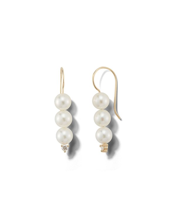 14k Triple-Pearl & Diamond Drop Earrings