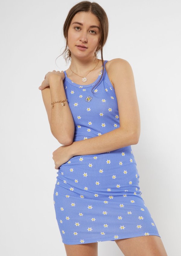 Blue Embroidered Daisy Print Ribbed Dress