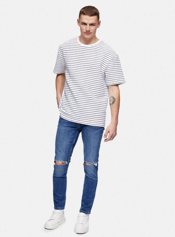 CONSIDERED Mid Wash Rip Flap Stretch Skinny Jeans