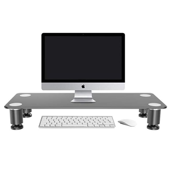 Tempered Glass Monitor Stand Riser & Computer Desk for Laptop, Desktop, Keyboard, Flat Screens, iMac, Printers, and TV - up to 20kg/44lbs | Black