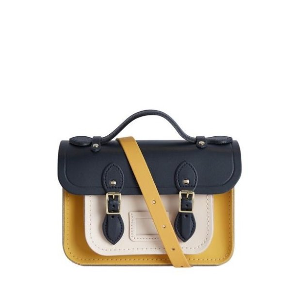 Magnetic Mini Satchel in Leather - Navy, Indian Yellow Matte & Chalk