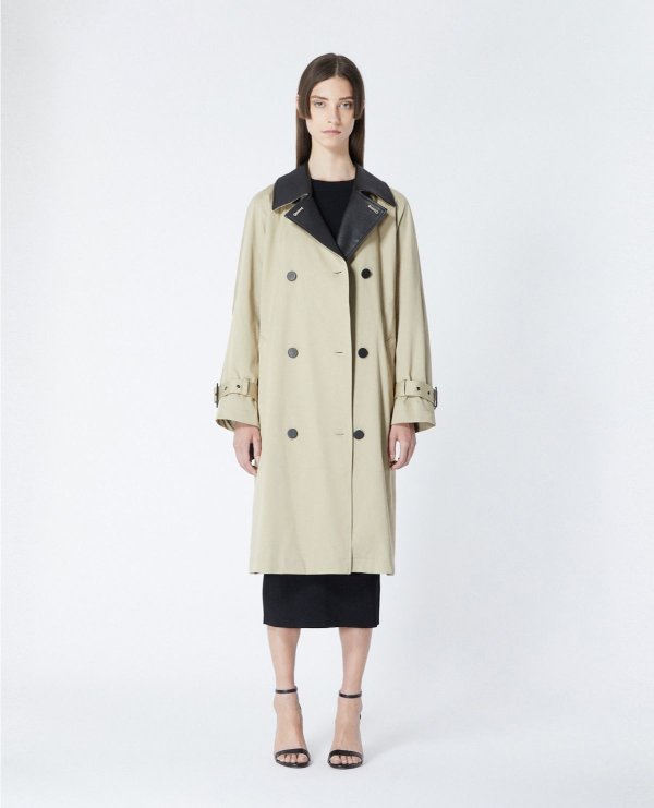 Mid-length beige cotton trench w/leather