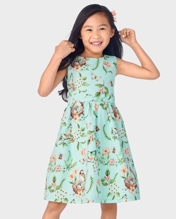 Girls Floral Bird Bow Poplin Fit And Flare Dress - Signs of Spring - blue coral
