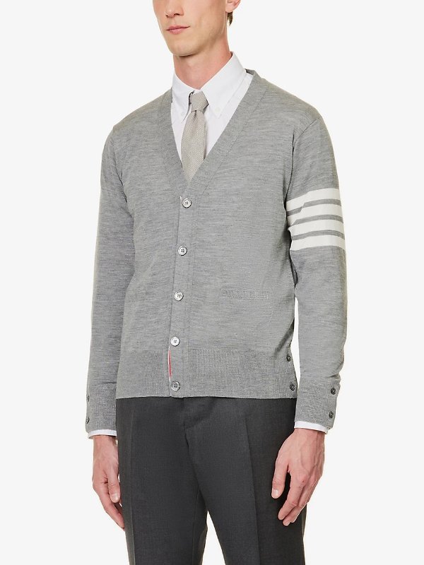 Four-bar V-neck regular-fit wool-knitted cardigan