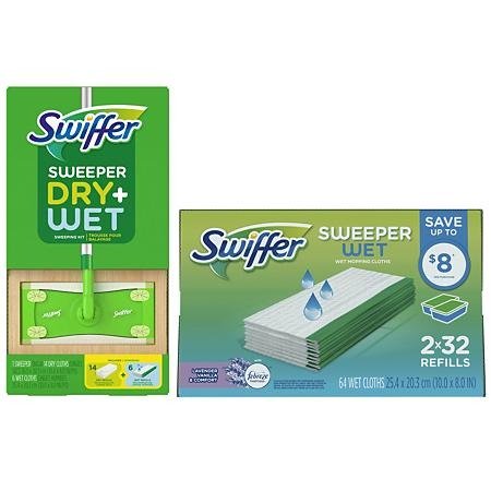 Swiffer Sweeper Dry + Wet sweeping Kit and Swiffer Sweeper Wet Refills (64 ct.) Bundle - Sam's Club
