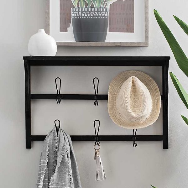 Black Wood Shelf with Hooks