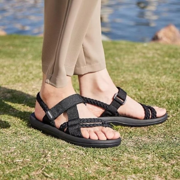 Hiking Sandals for Womens, Comfortable Walking Flip Flop Sandals with Arch Support, Athletic Sandals with Hook and Loop Straps for Beach Vacation Adventure