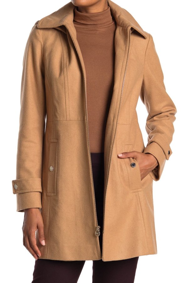Zip Front Wool Blend Hooded Coat