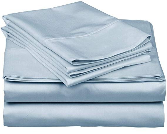 True Luxury 1000-Thread-Count 100% Egyptian Cotton Bed Sheets, 4-Pc Queen Light Blue Sheet Set, Single Ply Long-Staple Yarns, Sateen Weave, Fits Mattress Upto 18'' Deep Pocket