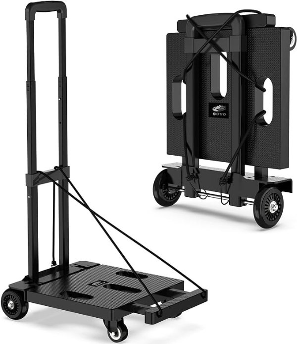 Folding Hand Truck, 265 LB Capacity Dolly Cart for Moving, Heavy Duty Fold Up Shifter Trolley Collapsible Portable Luggage Cart with 4 Wheels for Travel Shopping Office Use, Black