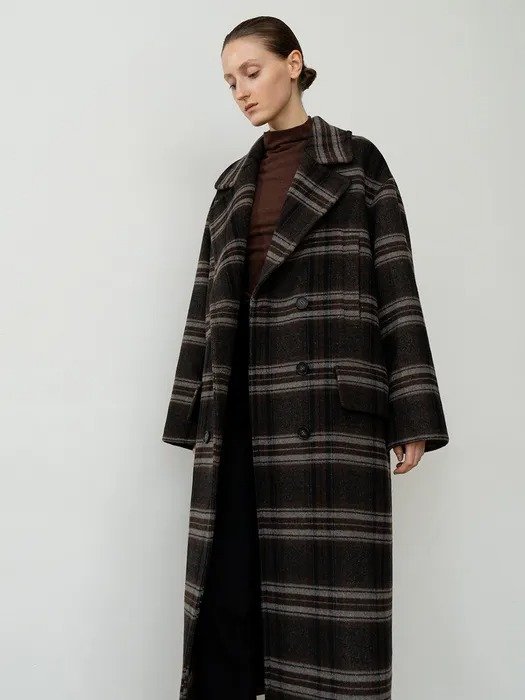 WOOL BLEND OVERSIZED CHECKED COAT BROWN