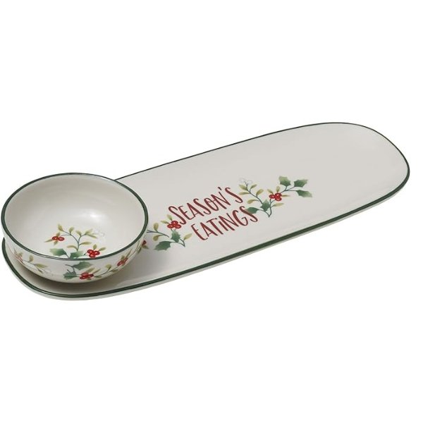 Winterberry Season's Greetings Serving Tray with Dip Bowl, 2 Piece, Multicolored