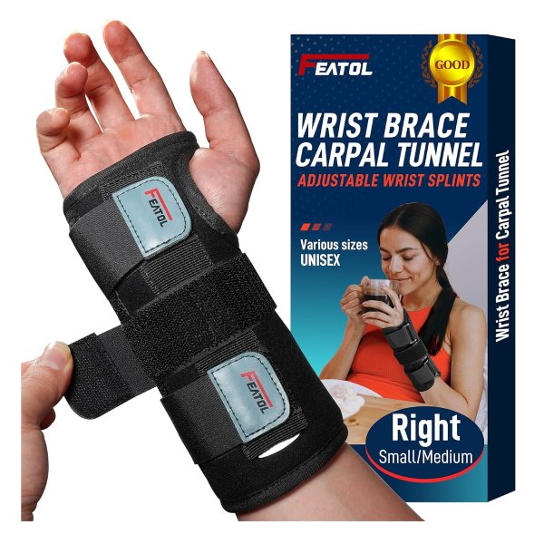 FEATOL Wrist Brace for Carpal Tunnel, Adjustable Night Wrist Support Brace with Splints Right Hand
