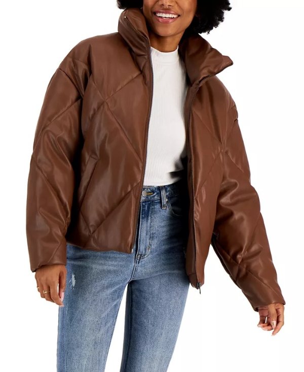 Juniors' Quilted Faux-Leather Puffer Coat