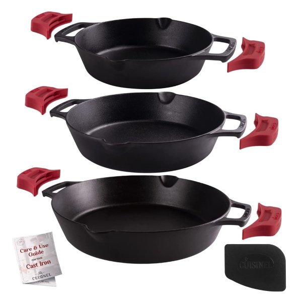 Cast Iron Skillet Set + Silicone Handle Holder Covers