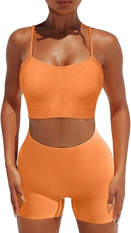 Workout Set for Women 2 Piece Seamless Ribbed Yoga Outfits Active Strappy Bra Gym High Waisted Shorts Outfit