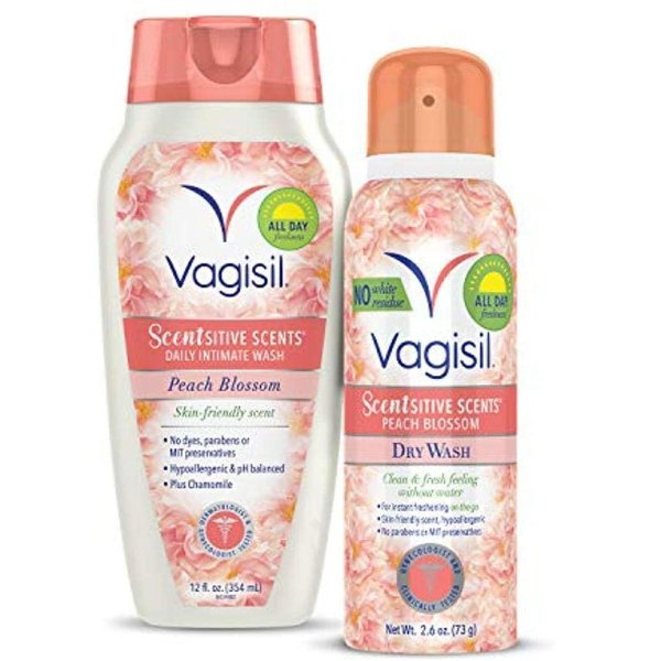 Scentsitive Scents Multipack, Daily Intimate Feminine Wash (12 oz.), and Dry Wash Deodorant Spray for Women (2.6 oz.) - Peach Blossom Scent