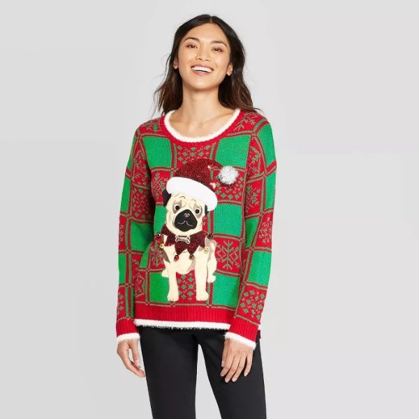 Women's Plaid Long Sleeve Dog Ugly Holiday Sweater - 33 Degrees (Juniors') - Red/Green