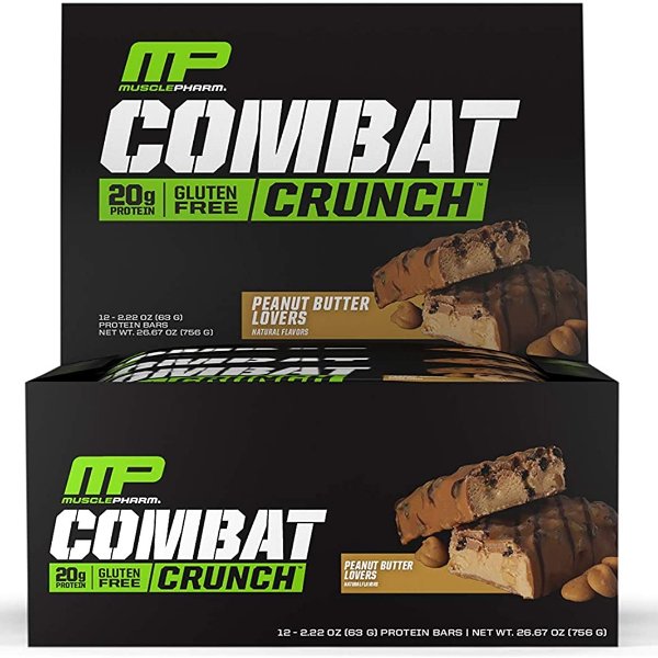 MusclePharm Combat Crunch Protein Bar, 20g Protein, Peanut Butter Lovers Bars, 12 Count