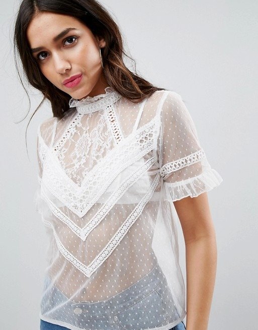 High Neck Top in Dobby Mesh with Lace Trim at asos.com