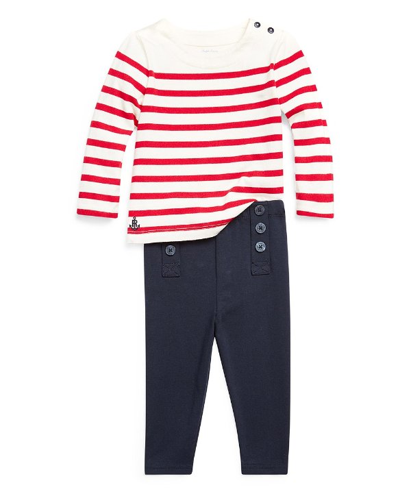 Cream & RL 2000 Red Stripe Button-Shoulder Top & Navy Leggings - Infant