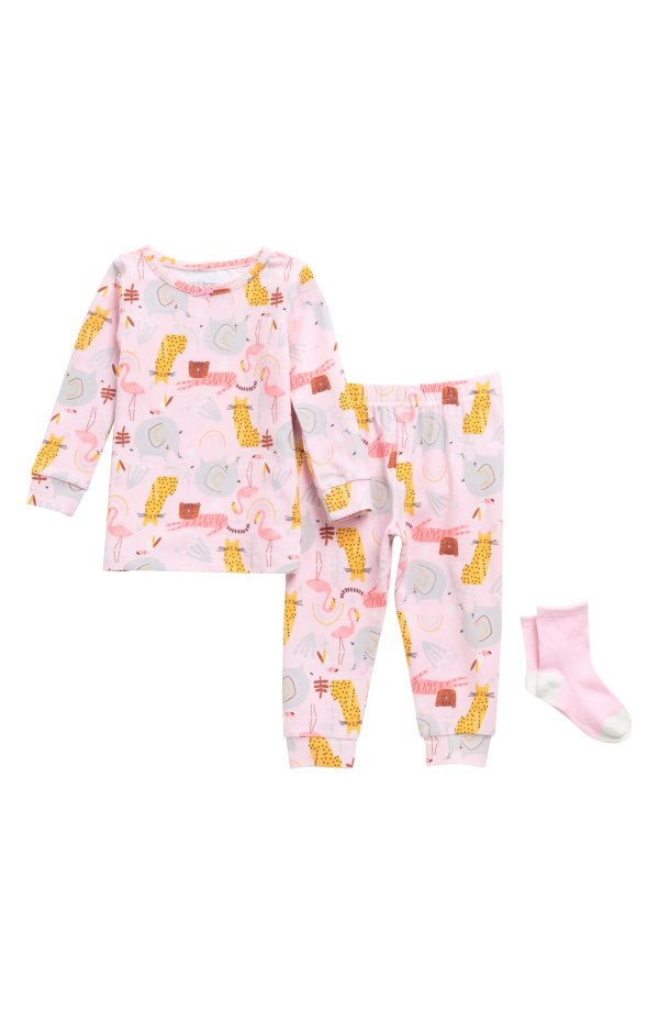 Animal Print Top, Pants & Socks Pajama Set