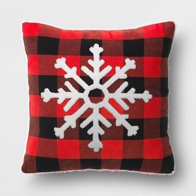 16"x16" Reversible Buffalo Plaid Snowflake to Faux Shearling Square Throw Pillow Red/Black/White - Wondershop™