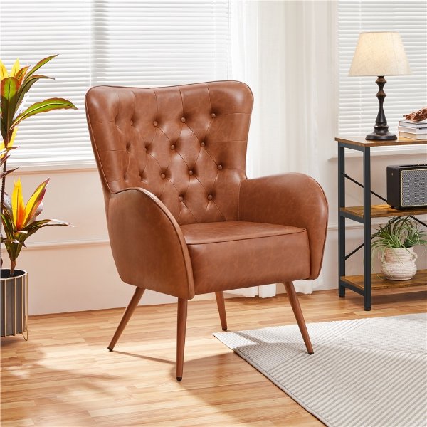 Vintage Faux Leather Accent Chair with Diamond Button for Living Room, Brown