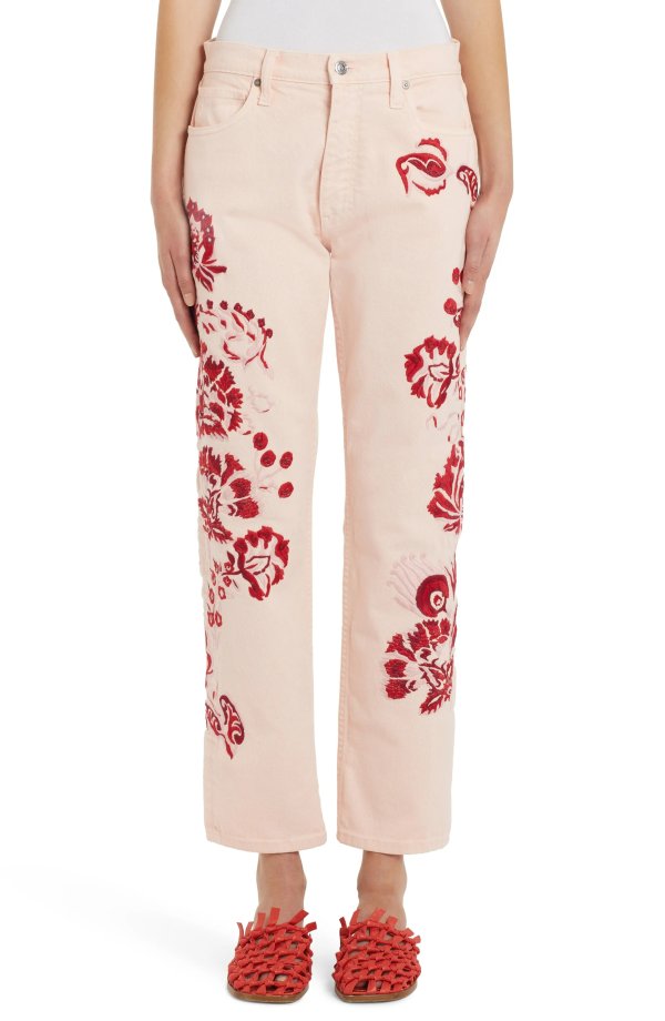 Floral Embroidered Ankle Jeans
