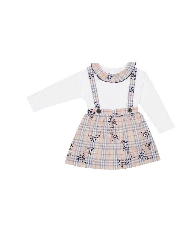 Girl's Sofia Check Star Print Suspenders Skirt w/ Matching Bodysuit, Size 3-18 Months