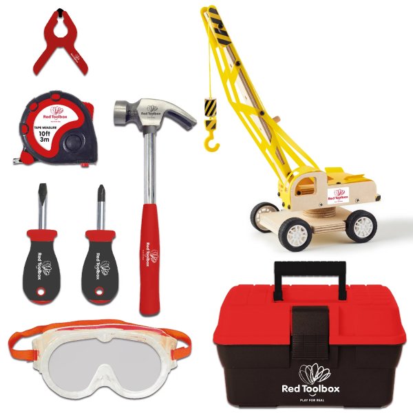 Red Toolbox Kids 7pc Tool Set and Yellow Lifting Crane Kit, Includes Hand Tools, Toolbox, and Kit