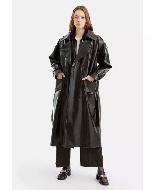 Women's Belted Pleather Trench Coat
