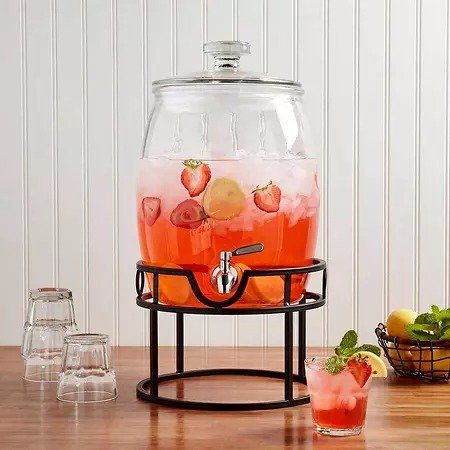 Mason Craft & More Glass Belly Drink Dispenser with Stainless Steel Spigot and Iron Metal Stand, 2.75 Gallon - Sam's Club