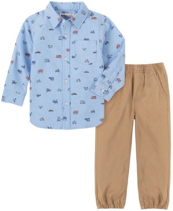 Little Boys 2-Piece Oxford Trucks Print Woven Shirt with Twill Pant Set