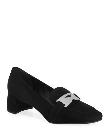 Suede Loafer Pump with Logo Plaque