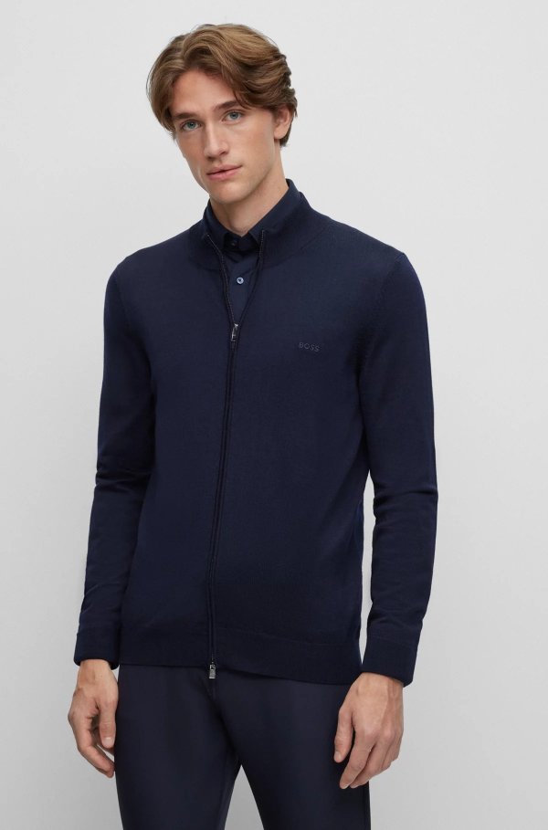 Zip-up cardigan in virgin wool with embroidered logo