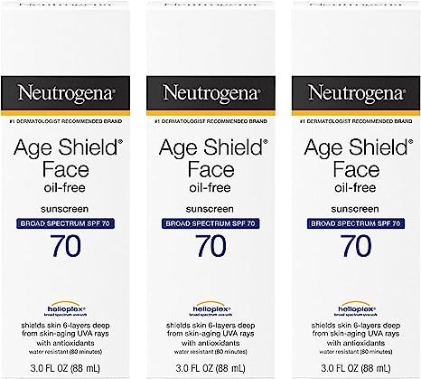 Neutrogena 露得清 Age Shield 抗氧化面部乳液防晒霜，具有广谱 SPF 70，无油和非粉刺保湿防晒霜，可防止衰老迹象，3 液体盎司（3 件装）88ml