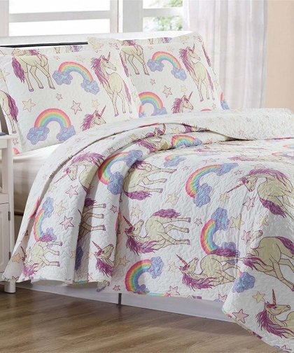 Home & Main White & Purple Rainbow & Unicorn Stitched Quilt & Sham