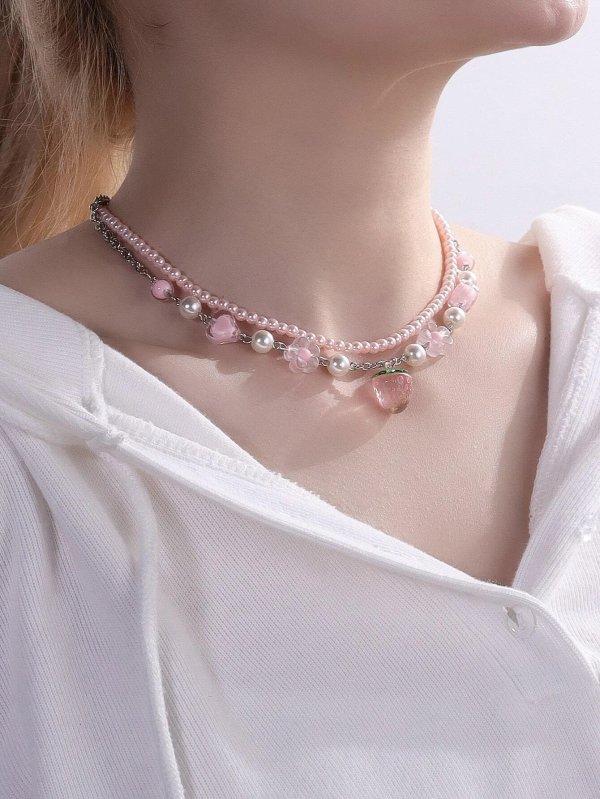 Flower & Faux Pearl Decor Strawberry Pendant Necklace