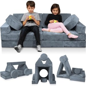 LX15 14pcs Modular Kids Play Couch, Child Sectional Sofa, Fortplay Bedroom and Playroom Furniture for Toddlers, Convertible Foam and Floor Cushion for Boys and Girls, Gray