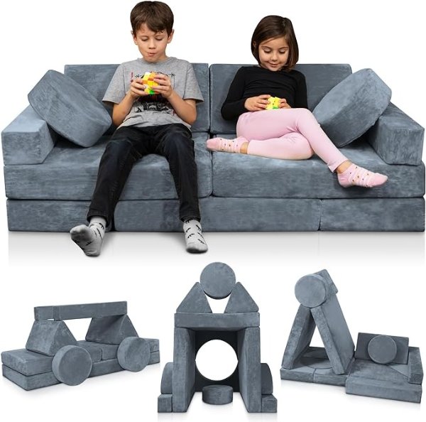 LX15 14pcs Modular Kids Play Couch, Child Sectional Sofa, Fortplay Bedroom and Playroom Furniture for Toddlers, Convertible Foam and Floor Cushion for Boys and Girls, Gray