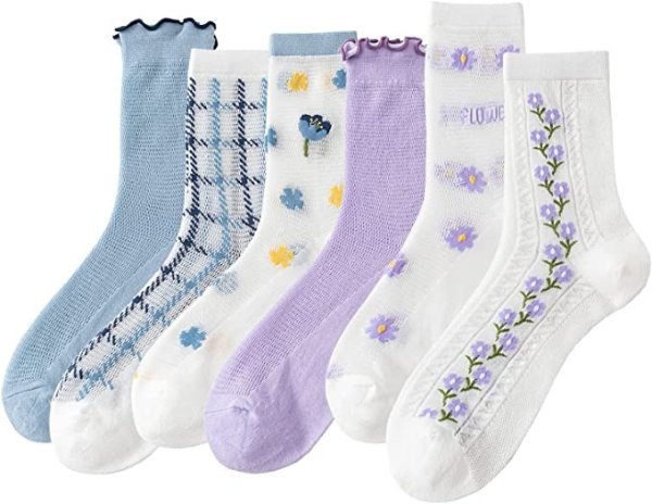 Womens Socks 6 Pairs Ruffle Turn-Cuff Cute Floral Crew Socks Colorful Summer Cotton Knit Lettuce Casual Dress Socks