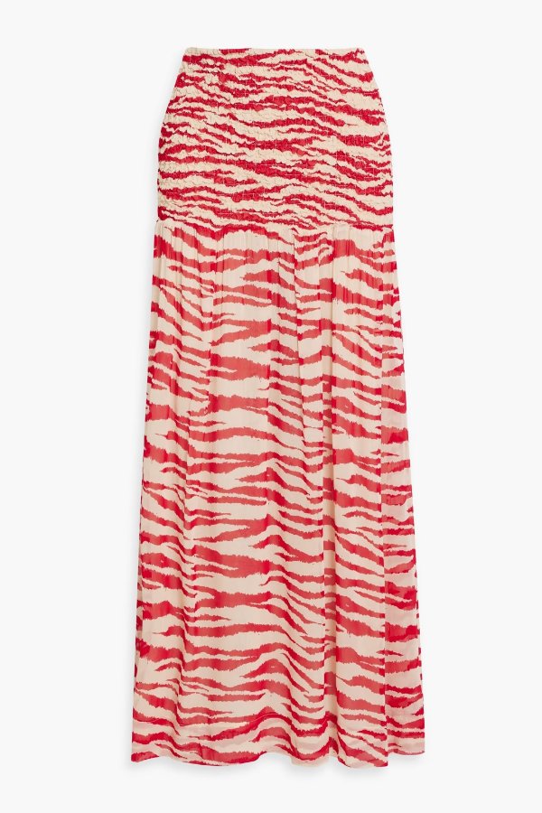 Zebra-print shirred chiffon maxi skirt