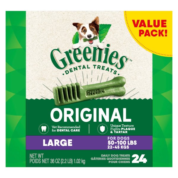 Original Large Natural Dog Dental Care Chews Oral Health Dog Treats, 36 oz., Count of 24