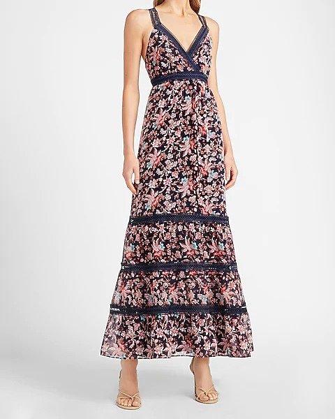 Floral Lace Pieced Tiered Maxi Dress