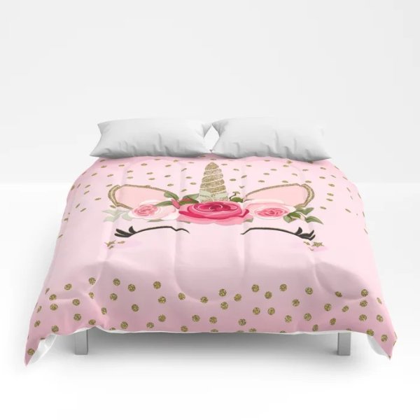 Pink & Gold Cute Floral Unicorn Comforters by christyne